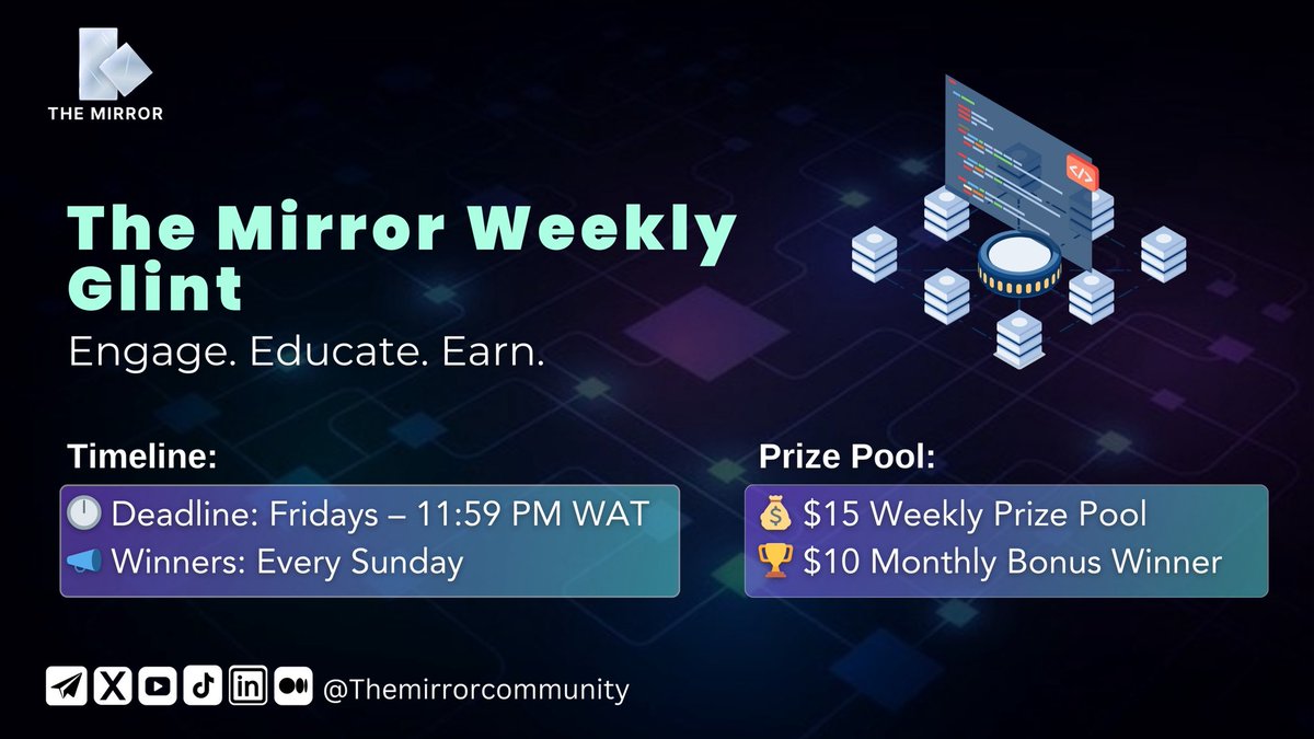 We’re launching something exciting THE MIRROR WEEKLY GLINT ✨

A weekly challenge to help you grow, create, and earn in Web3.

📅 Starts: Monday, June 9
🏆 $15 weekly prize pool
🎁 $10 monthly bonus

📌 Create content around our weekly topics (threads, videos, graphics,