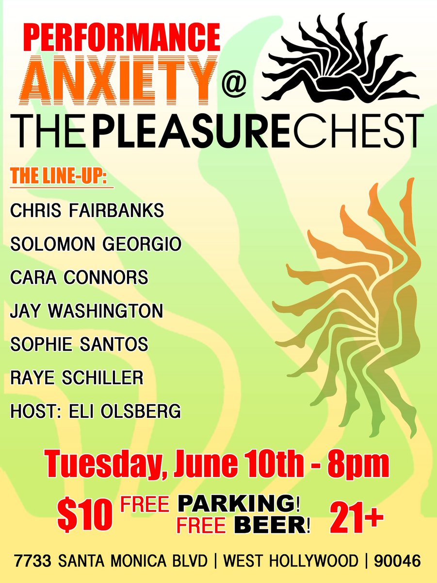 PerformAnxiety's tweet image. NEXT TUESDAY! Come to @PleasureChestLA 8pm to see @chrisfairbanks Solomon Georgio @caraconnscomedy @MrJayWashington Sophie Santos, Raye Schiller, @EliOlsberg free beer, free parking, 15% off any in-store purchases!! Get tix: eventbrite.com/e/performance-…