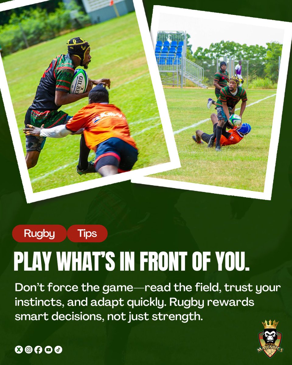 AccraMajestics's tweet photo. 🏉 Rugby Tip Tuesday:
“Play what’s in front of you.”
Rugby isn’t just about power—it’s about perception. Read the game, react fast, and trust your team.
#RugbyIQ #GameSense #RugbyTips #AccraMajestics #PlaySmart https://t.co/w3pcmJioqd