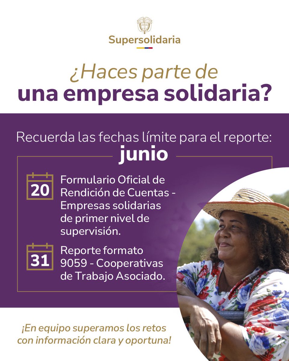 ¿Haces parte de una empresa solidaria? 🗓️ Te recordamos las fechas de reporte del mes de junio.

¿Quieres conocer el cronograma completo? Encuéntralo aquí:
🔗supersolidaria.gov.co/es/content/cap…