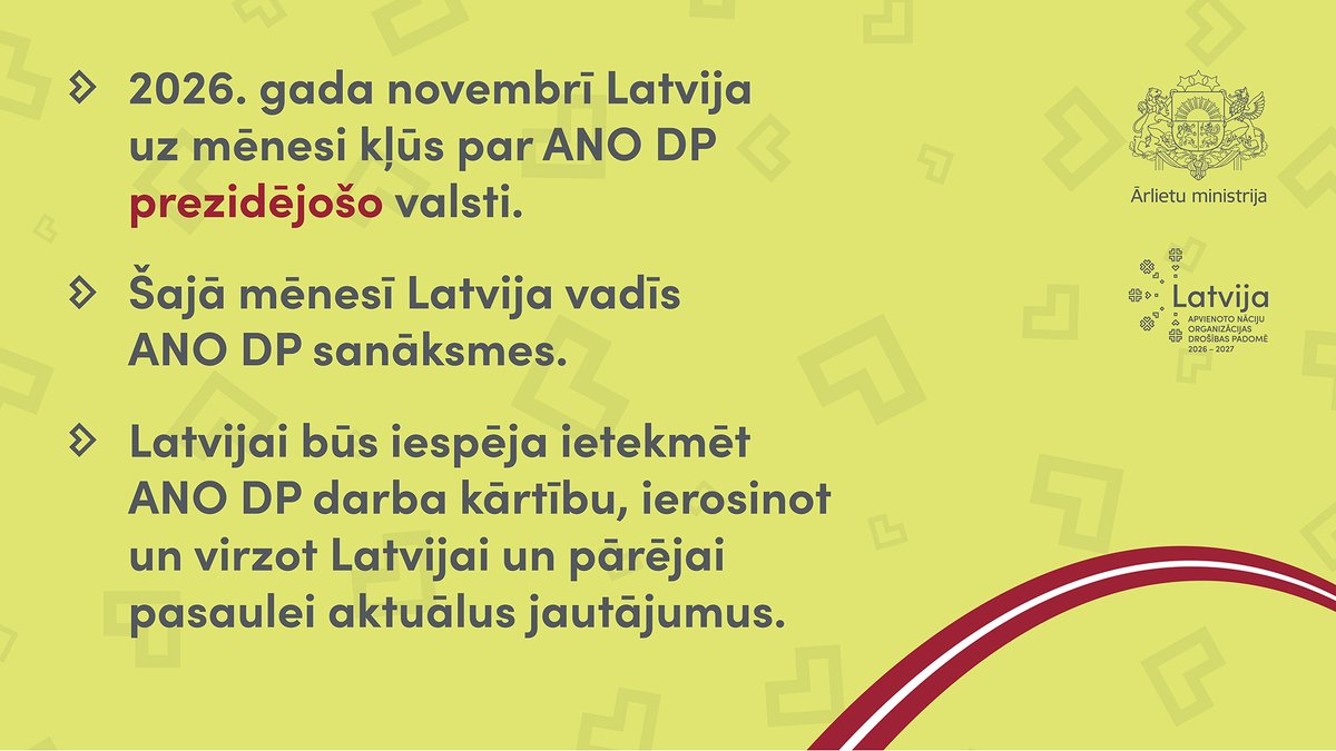 Šodien, 2025. gada 3. jūnijā, Latvija 🇱🇻 pirmo reizi ievēlēta darbam ANO 🇺🇳 Drošības padomē. Skaidrojam, kas sagaidāms tālāk! ⤵️

#LatviaUNSC #KopāParMieruUnNoturību