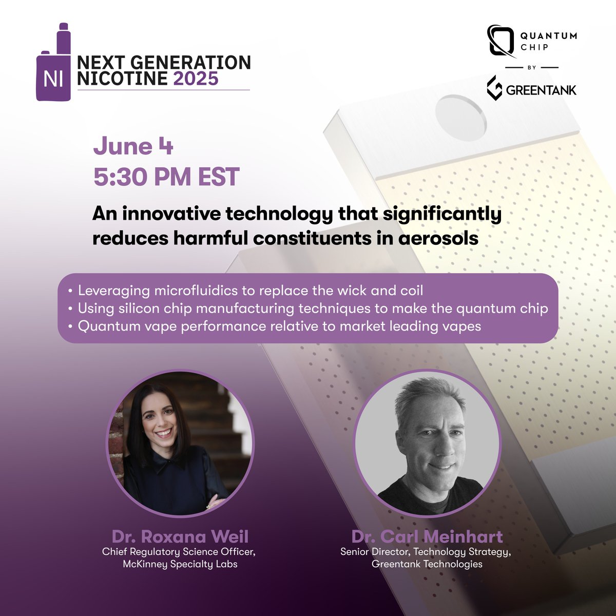 Join us on June 4 at 5:30 PM EST for a panel discussion featuring Dr. Carl Meinhart, Senior Director of Technology Strategy at Greentank, and Dr. Roxana Weil, Chief Regulatory Science Officer at McKinney Specialty Labs.