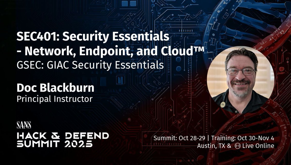 SANSNew2Cyber (@new_2_cyber) on Twitter photo 🔐 Master cybersecurity essentials with <a href="/DocBlackburn/">Doc Blackburn</a> in SEC401 at SANS Hack & Defend Summit!
Save $600 - register by July 11 with code "SUMMIT*600"
Oct 28-Nov 4 | Austin, TX & Online
Learn more & register 👉 sans.org/u/1AWB
#CyberSecurity #SEC401 #GSEC 🔐 Master cybersecurity essentials with <a href="/DocBlackburn/">Doc Blackburn</a> in SEC401 at SANS Hack & Defend Summit!
Save $600 - register by July 11 with code "SUMMIT*600"
Oct 28-Nov 4 | Austin, TX & Online
Learn more & register 👉 sans.org/u/1AWB
#CyberSecurity #SEC401 #GSEC