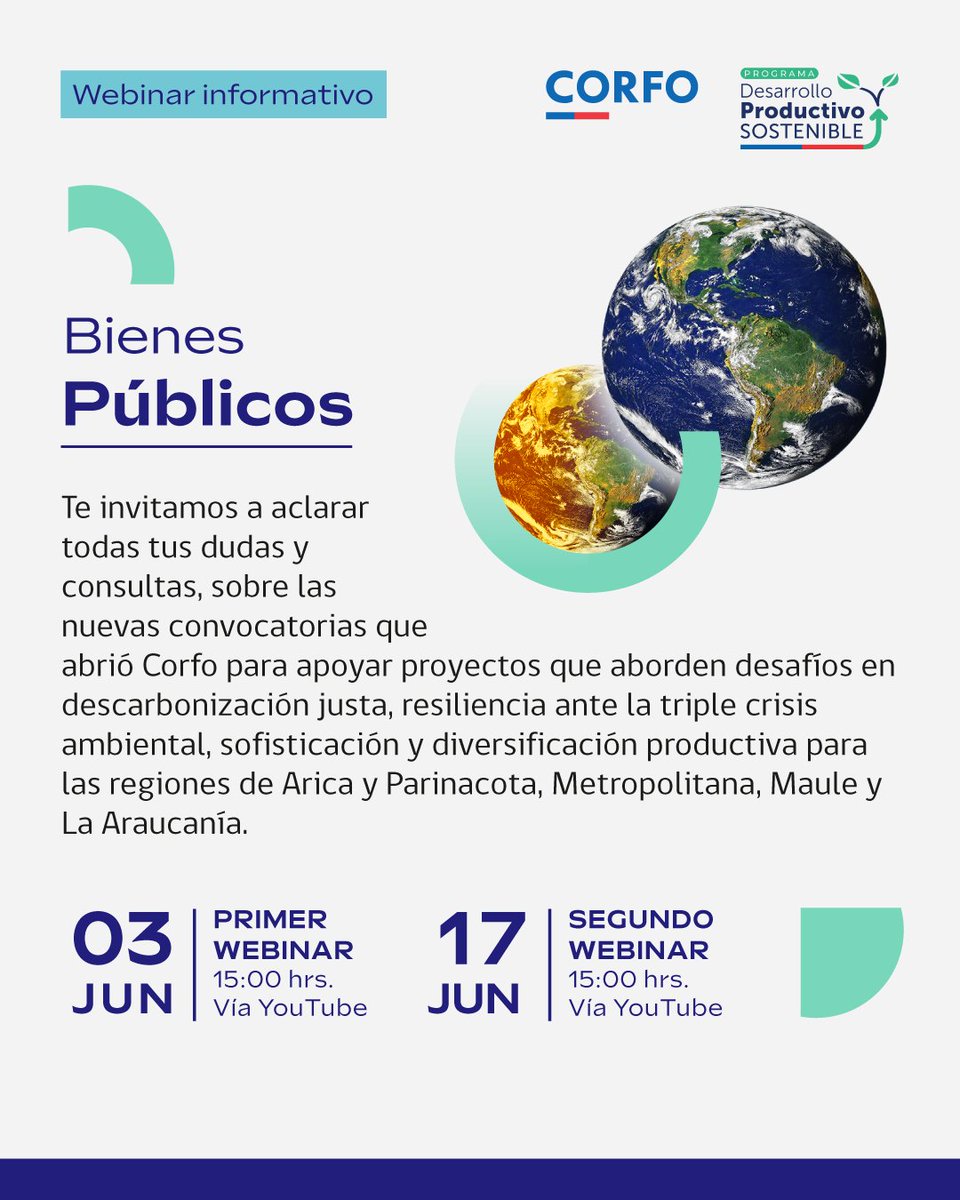 Desde las 15:00 hrs. podrás resolver todas tus dudas sobre la convocatoria Bienes Públicos para proyectos sostenibles en las regiones de Arica y Parinacota, Metropolitana, Maule y La Araucanía 🌱

Únete a la transmisión 👉 youtube.com/live/h-0VwR2tX…