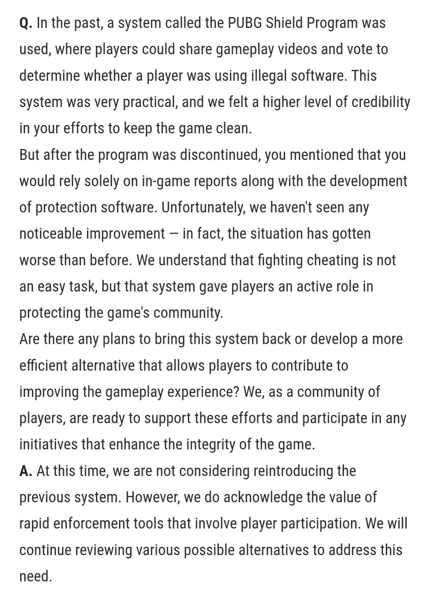 🧵 Nice to see people ask about PUBG Shield Community Anticheat in the Dev Q&amp;A
🔹 I used to run this initiative and, while it required a lot of time, working directly with the community and providing that closed loop was very satisfying
🔹 We banned over 30k accounts breaking CoC