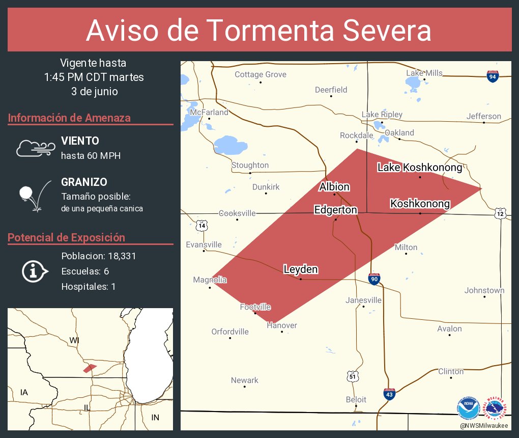 Aviso de Tormenta Severa incluye Edgerton WI, Lake Koshkonong WI, Koshkonong WI hasta la 1:45 PM CDT