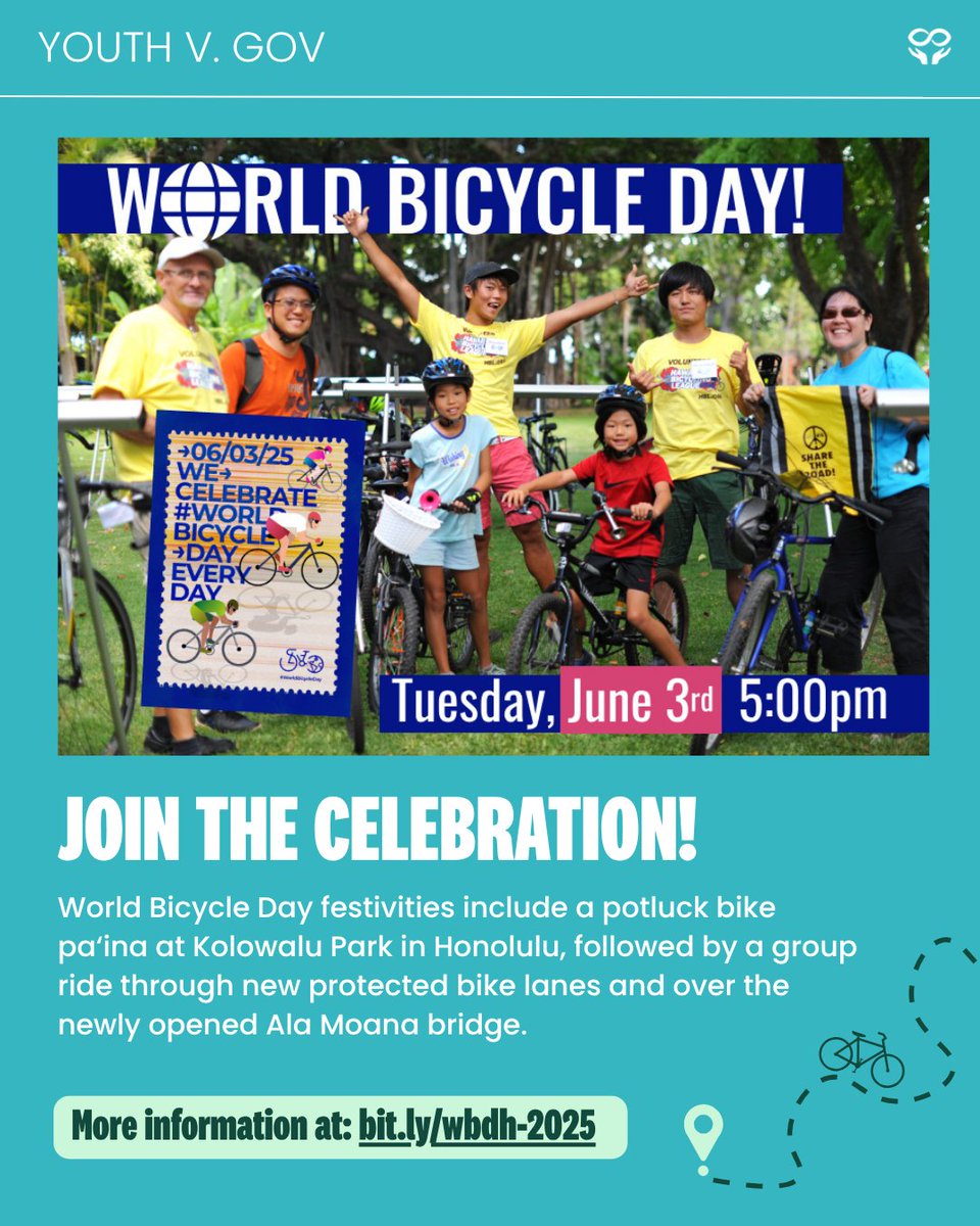 Hawai‘i just became the first state to officially recognize World Bicycle Day! 🚲🌺 Join the celebration today at Kolowalu Park for a potluck pa‘ina and group ride in honor of a safer, healthier, and more sustainable Hawai‘i! Details at: bit.ly/wbdh-2025 #YouthvGov