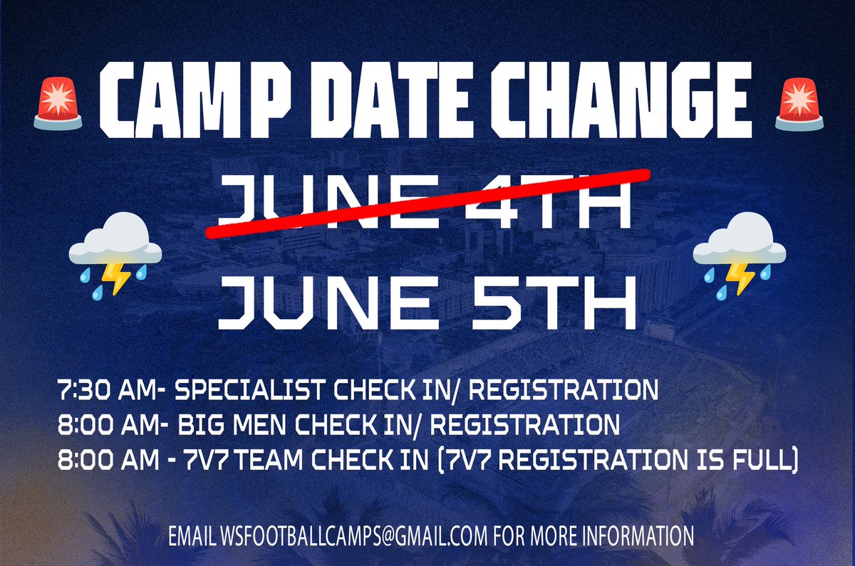 🚨 ATTENTION 🚨

Due to weather, tomorrow’s camps will be moved to Thursday, June 5th.
