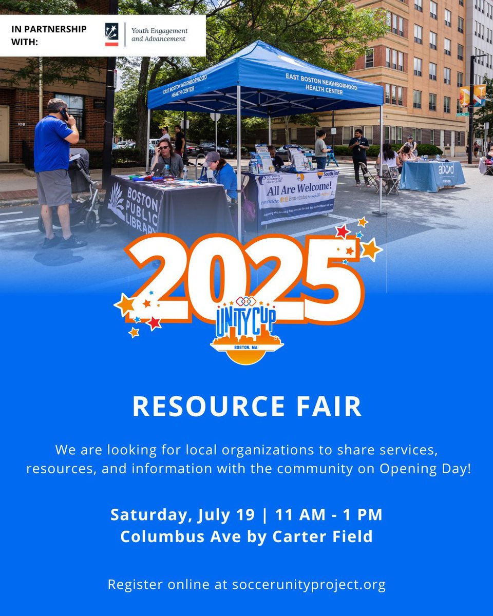 Join us on the Opening Day of Boston Unity Cup for our annual Resource Fair!

We are looking for local organizations to share services, resources, and information with the community. This is a fun, engaging way to reach hundreds of Bostonians. If interested, visit our website!