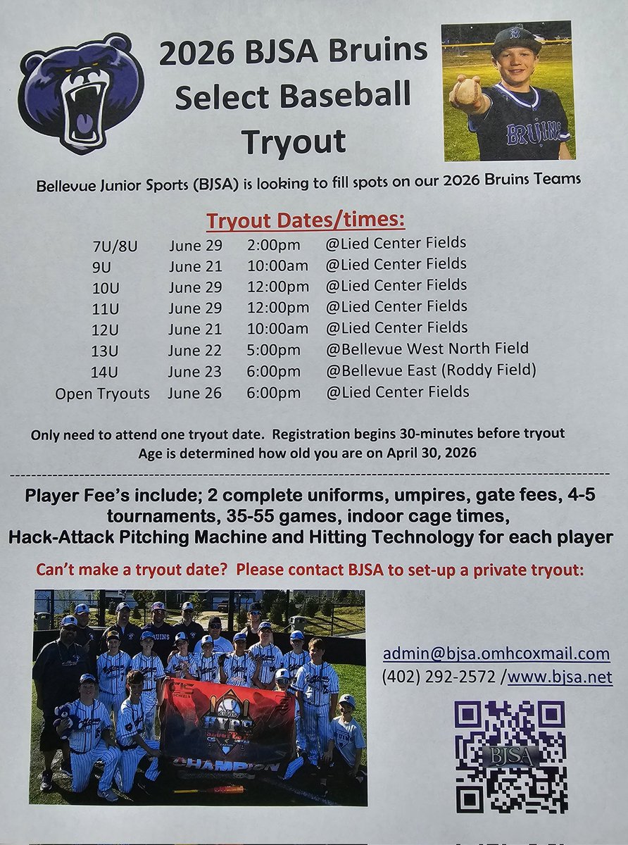 Mark your calendar, the 2026 Bruins Tryouts are right around the corner.  Help spread the word.....