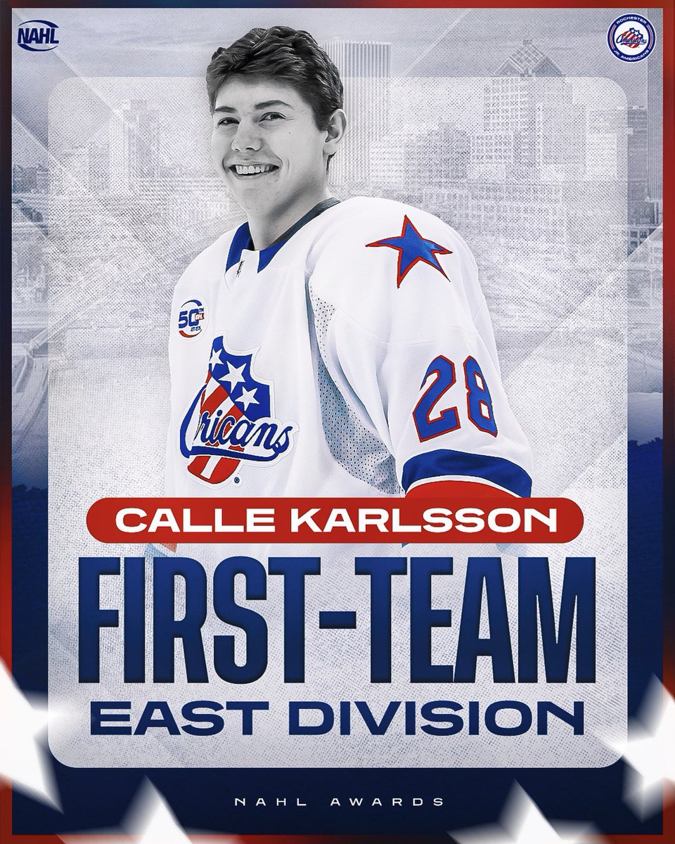 CALLE KARLSSON NAMED TO THE NAHL’S EAST DIVISION FIRST TEAM!

Karlsson was an unstoppable force this season - one of the league’s top players. With 73 points, he led all Jr. Amerks players. 

Karlsson earned an NCAA Division I scholarship with Niagara University. Way to go Calle!