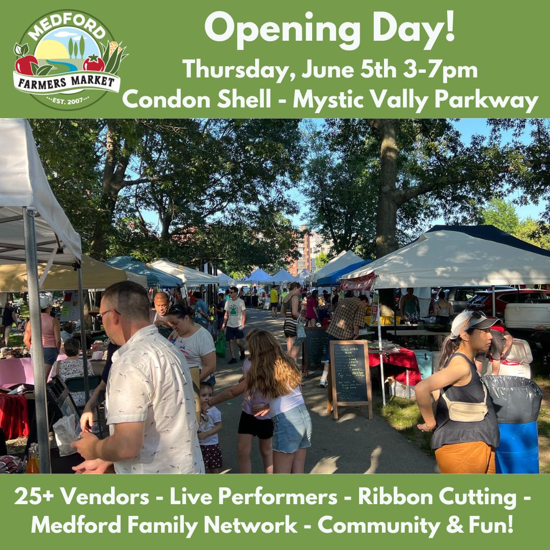 Opening day for the Medford Farmers Market is this Thurs. June 5! The market is held on Thursdays from 3-7pm at the Condon Shell.

There will be 25+ vendors, live performances, activities with the MFN, a neighboring beer garden &amp; more. Visit medfordfarmersmarket.org for more info.
