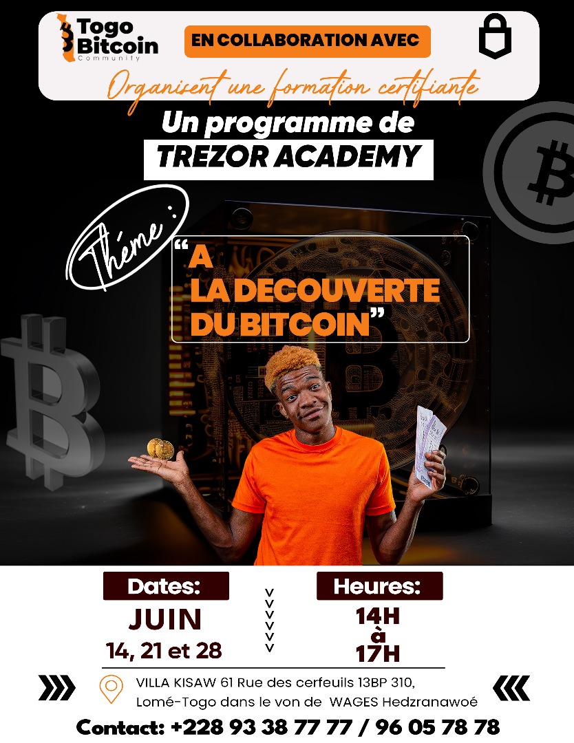 Togo_Bitcoin's tweet image. 📚 FORMATION GRATUITE SUR LE #BITCOIN
🗓️ 14, 21 & 28 juin | 🕒 14h–17h
📍 Au siège de Togo Bitcoin Community (Villa Kisaw situé à Hedzranawoé)
🎓 Un Certificat délivré aux participants
📌 Inscription obligatoire (places limitées) : docs.google.com/forms/d/e/1FAI…