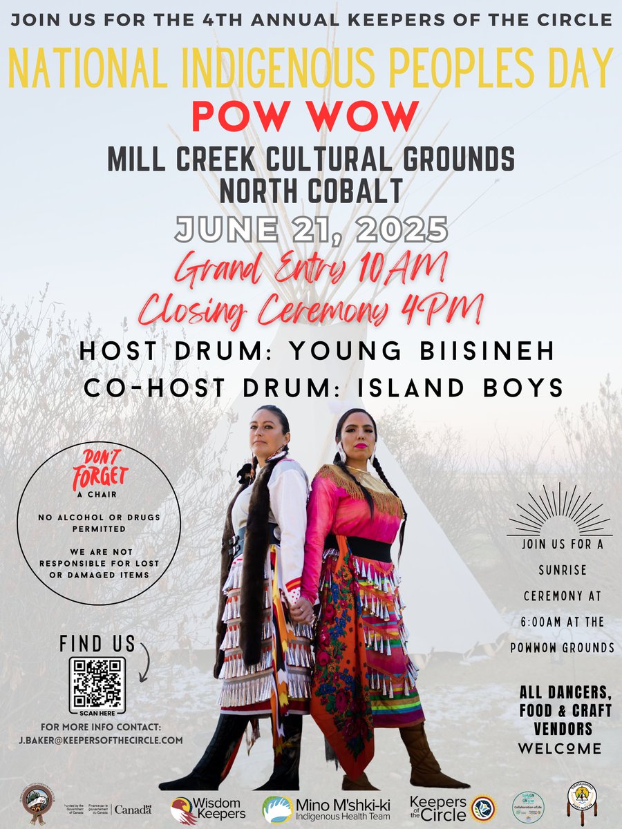 Our 4th Annual National Indigenous Peoples Day Powwow is fast approaching! 
Join us June 21st at the Mill Creek Cultural Grounds in North Cobalt. 
Everyone is welcome to also join us for the Sun Rise Ceremony. 
#Powwow #2025 #KeepersoftheCircle