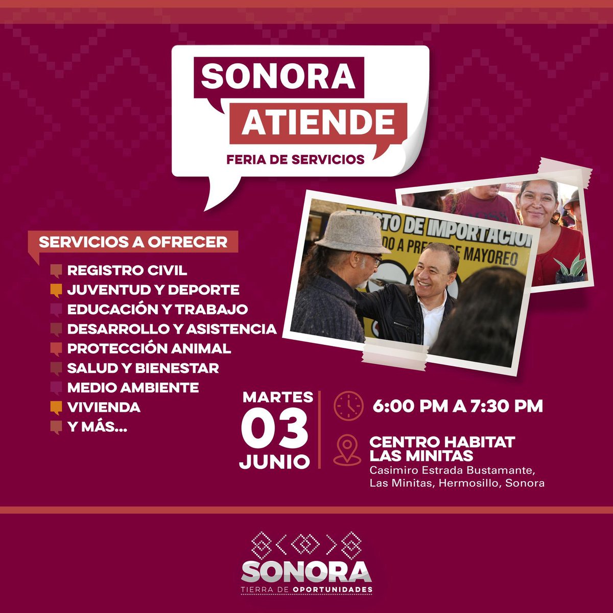 🟠 ¡Esta semana, Sonora te atiende!, aprovecha los servicios gratuitos que tenemos para ti.

🗓️ Miércoles 4 de junio 
⏱️ 6:00 p.m. a 7:30 p.m.
📍 Parque Altares

¡Te esperamos en la feria de servicios! 🙌🏼