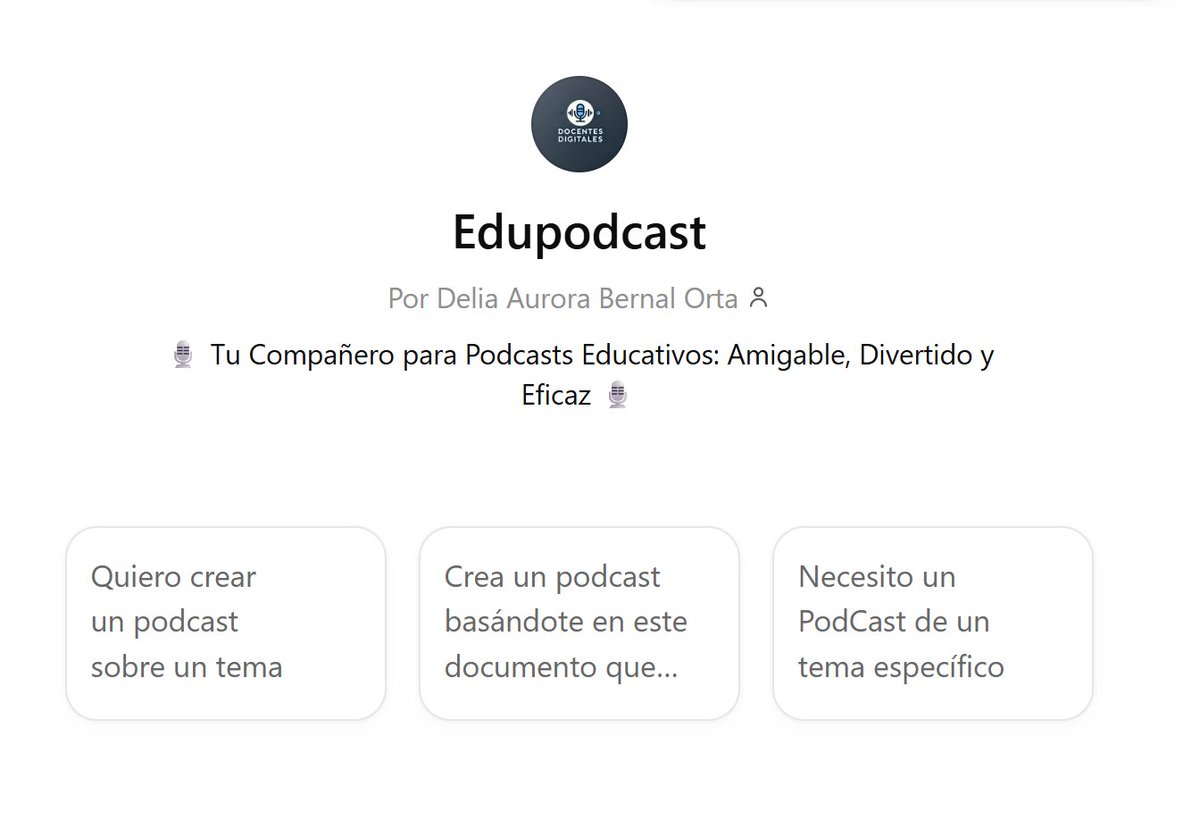 Hoy quiero compartir contigo una herramienta que diseñé: un GPT especializado para crear podcasts educativos. Utilizalo gratis aquí chatgpt.com/g/g-6753b7c6e0…
#docentes #maestros #educacion #edtech #innovacioneducativa #ai #ia #inteligenciaartificial #artificialintelligence #podcast