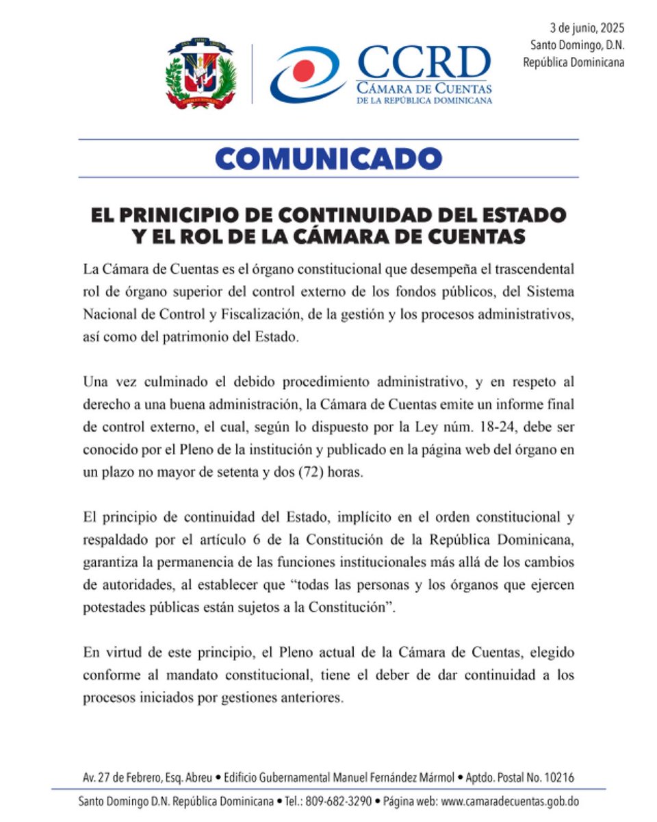 CamaraCuentasRD's tweet photo. ¡COMUNICADO!

EL PRINCIPIO DE CONTINUIDAD DEL ESTADO
Y EL ROL DE LA CÁMARA DE CUENTAS.

#CCRD #Transparencia #CámaraDeCuentas #DeclariónJuarada #RendiciónDeCuentas #SectorPúblico #RD https://t.co/qY5D14dBmt