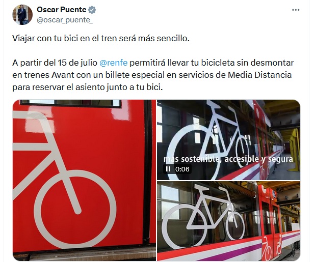 Consumidores de Valdemoro (@acusval) on Twitter photo Como <a href="/oscar_puente_/">Oscar Puente</a> nos tiene bloqueados le felicitamos por aquí por tan magnifica iniciativa: poder viajar con las bicis en los trenes de media distancia.
Así cuando nos quedemos tirados en medio de la nada, podremos seguir el viaje pedaleando.
Piensas en todo, ministro Como <a href="/oscar_puente_/">Oscar Puente</a> nos tiene bloqueados le felicitamos por aquí por tan magnifica iniciativa: poder viajar con las bicis en los trenes de media distancia.
Así cuando nos quedemos tirados en medio de la nada, podremos seguir el viaje pedaleando.
Piensas en todo, ministro