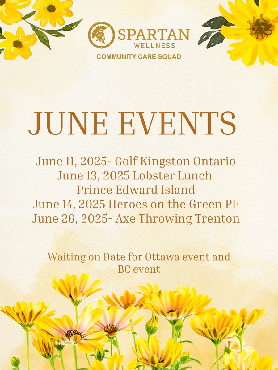 Our Community Care Squad is bringing the energy in June with events across the country — and you’re invited!

June Events:
11 – Golf in Kingston, ON
13 – Lobster Lunch, PEI
14 – Heroes on the Green, PEI
26 – Axe Throwing in Trenton, ON

RSVP today&gt;&gt; spartanwellness.ca/community-care…