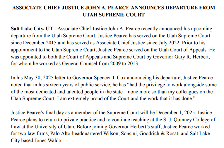 Lindsay Aerts (@lindsayonair) on Twitter photo #BREAKING: Utah Associate Chief Justice John Pearce has announced he'll leave the Utah Supreme Court at the end of the year. Gov. <a href="/SpencerJCox/">Spencer Cox</a> will appoint his replacement from a list of seven candidates provided by the Appellate Nominating Commission, to be confirmed by the Utah #BREAKING: Utah Associate Chief Justice John Pearce has announced he'll leave the Utah Supreme Court at the end of the year. Gov. <a href="/SpencerJCox/">Spencer Cox</a> will appoint his replacement from a list of seven candidates provided by the Appellate Nominating Commission, to be confirmed by the Utah