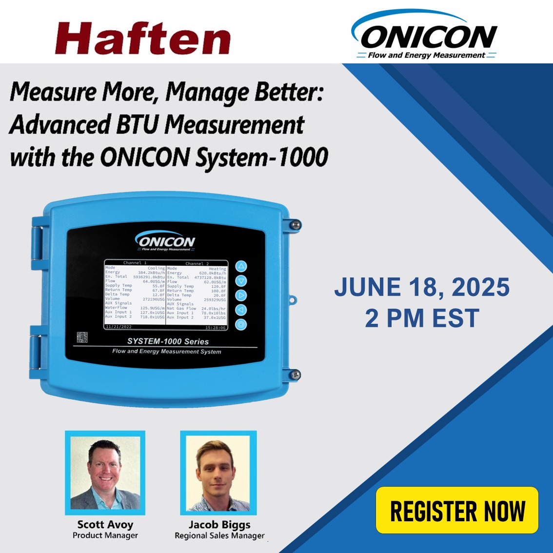 📌PROXIMO WEBINAR DE ONICON
 
✅ *Measure More, Manage Better: Advanced BTU Measurement with the ONICON System-1000*
️
🗓️ Wed, Jun 18, 2025
🕒 12:00 PM - 1:00 PM CST
📍Show in My Time Zone

➡️ Regístrate AQUÍ,  
bit.ly/WebinarOnicon1…

¡NO FALTES!

Más info. de ONICON en Haften