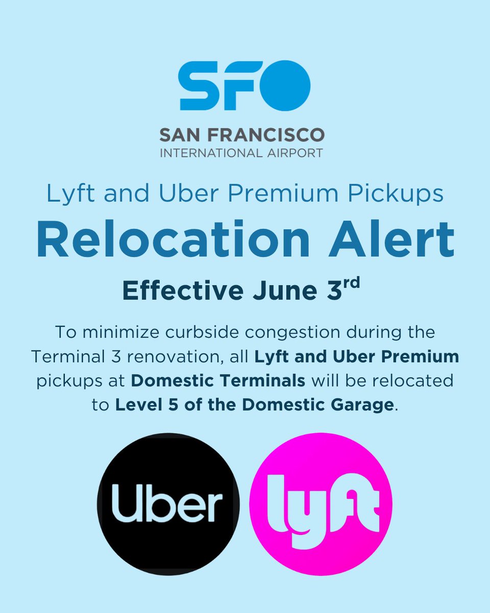 🚨#SFOAlert: Rideshare Pickups Relocation
To reduce curbside congestion during the Terminal 3 construction project, all <a href="/lyft/">Lyft</a> and <a href="/Uber/">Uber</a> Premium pickups (except select limo-style services) at Domestic Terminals will move to Level 5 of the Domestic Garage starting June 3, 2025.