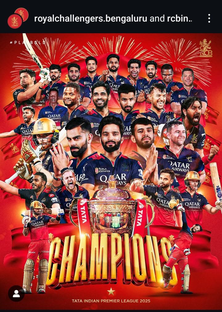 BASAVARAJ__S's tweet photo. 17 ವರ್ಷದ ಕನಸು ಇಂದು ನನಸಾಗಿದೆ.
Congratulations RBC.

#IPLFinals #RCB Won the 🏆

#ViratKohli𓃵
#RajatPatidar

#IPL2025 #RCBvsPBKS 
#ಈಸಲಾಕಪನಮ್ದೇ #EeSalaCupNamde https://t.co/HNo7dRmK1K
