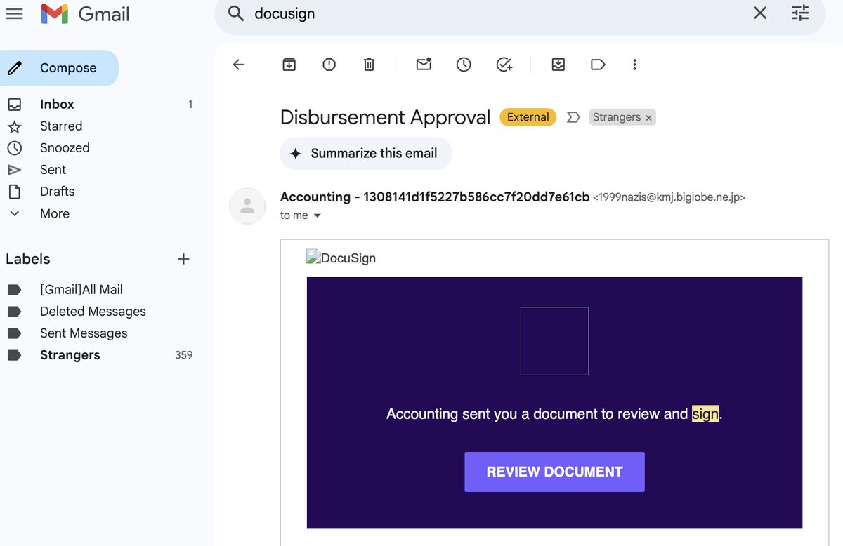 It is extraordinary that an email claiming to be a Docusign but from "1999nazis" is not marked as #spam by <a href="/gmail/">Gmail</a>
