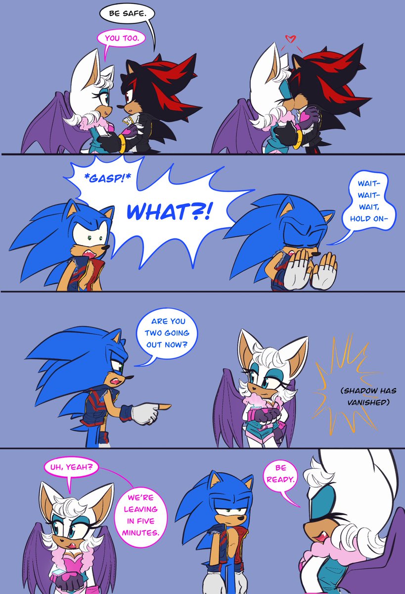Sonic really is the chronically clueless one, bless him 🙏. 
(This low-key is a scene in a fic I’m writing and they’re so silly I love them so much) (also testing out some new outfits 😘)
#Shadouge #SonicTheHedgehog