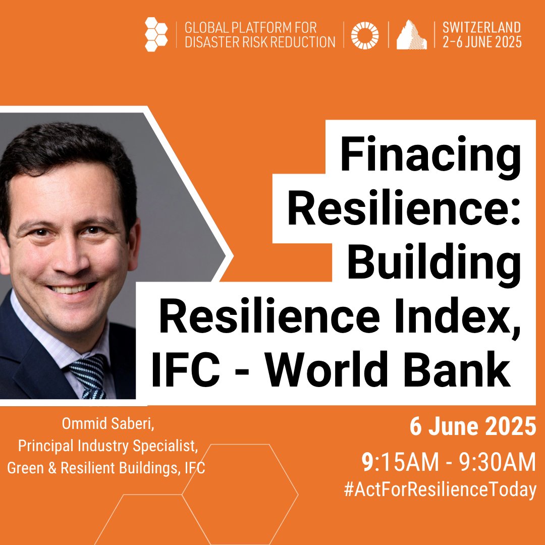 🚨Webinar alert: Join Ommid Saberi this Friday as he presents the latest on Green &amp; Resilient Buildings at the Global Platform for Disaster Risk Reduction (GPDRR) #GP2025!

⏯️Livestream &amp; all details here: globalplatform.undrr.org/2025/programme…

#UNDRR #BuildingResilienceIndex #EDGEbuildings