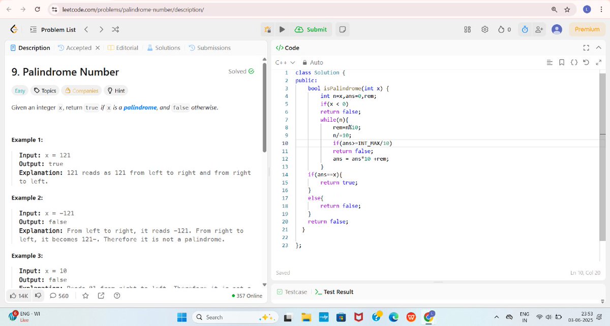 Lakshay15852's tweet image. 🚀 Day 22 of 30: DSA with @rohit_negi9
✅ Solved:
🔢 Check if a number is a Power of Two
🔁 Check if a number is a Palindrome
💡 Focused on logic &amp;amp; condition building!
Drop a ✅ if you&apos;ve solved these classics too.
#30DaysChallenge #DSA #LogicBuilding #Palindrome #PowerOfTwo