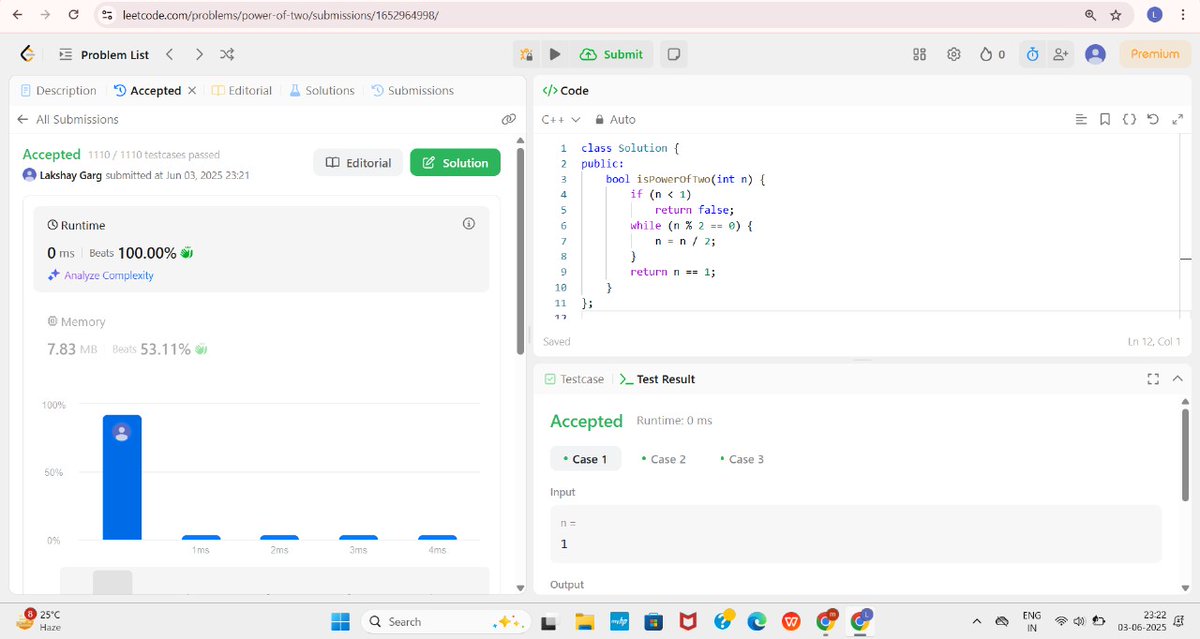 Lakshay15852's tweet image. 🚀 Day 22 of 30: DSA with @rohit_negi9
✅ Solved:
🔢 Check if a number is a Power of Two
🔁 Check if a number is a Palindrome
💡 Focused on logic &amp;amp; condition building!
Drop a ✅ if you&apos;ve solved these classics too.
#30DaysChallenge #DSA #LogicBuilding #Palindrome #PowerOfTwo