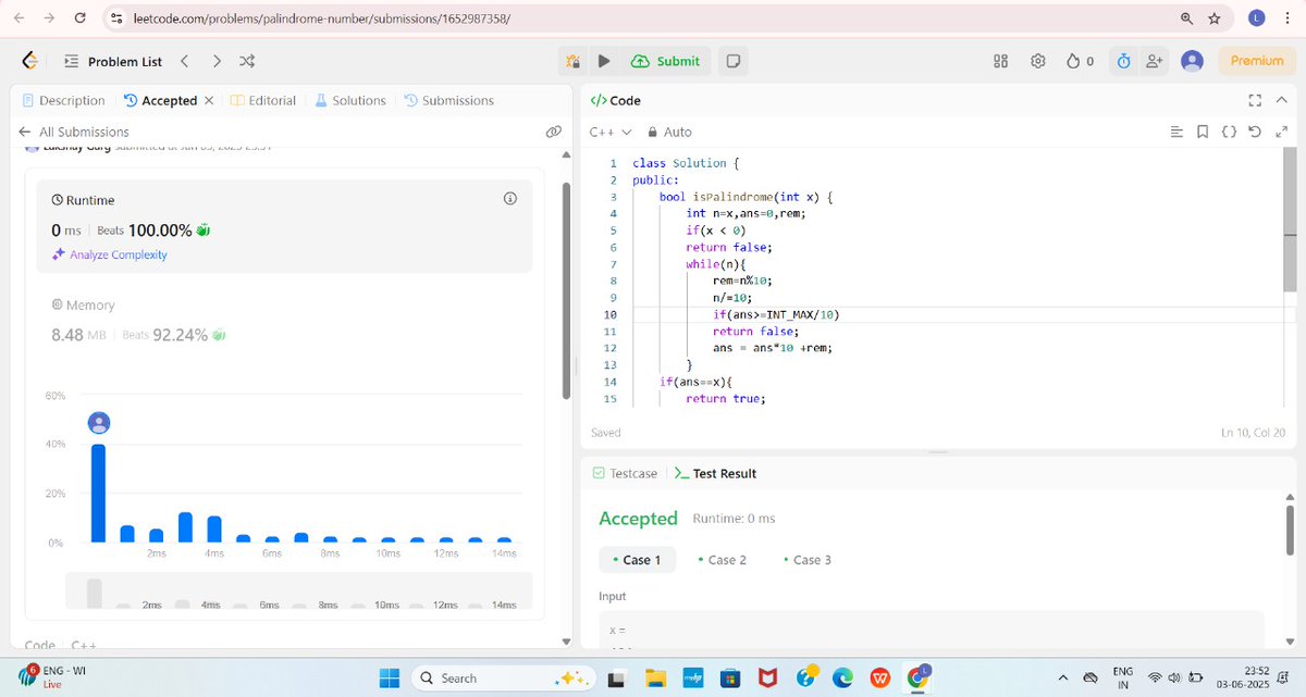 Lakshay15852's tweet image. 🚀 Day 22 of 30: DSA with @rohit_negi9
✅ Solved:
🔢 Check if a number is a Power of Two
🔁 Check if a number is a Palindrome
💡 Focused on logic &amp;amp; condition building!
Drop a ✅ if you&apos;ve solved these classics too.
#30DaysChallenge #DSA #LogicBuilding #Palindrome #PowerOfTwo