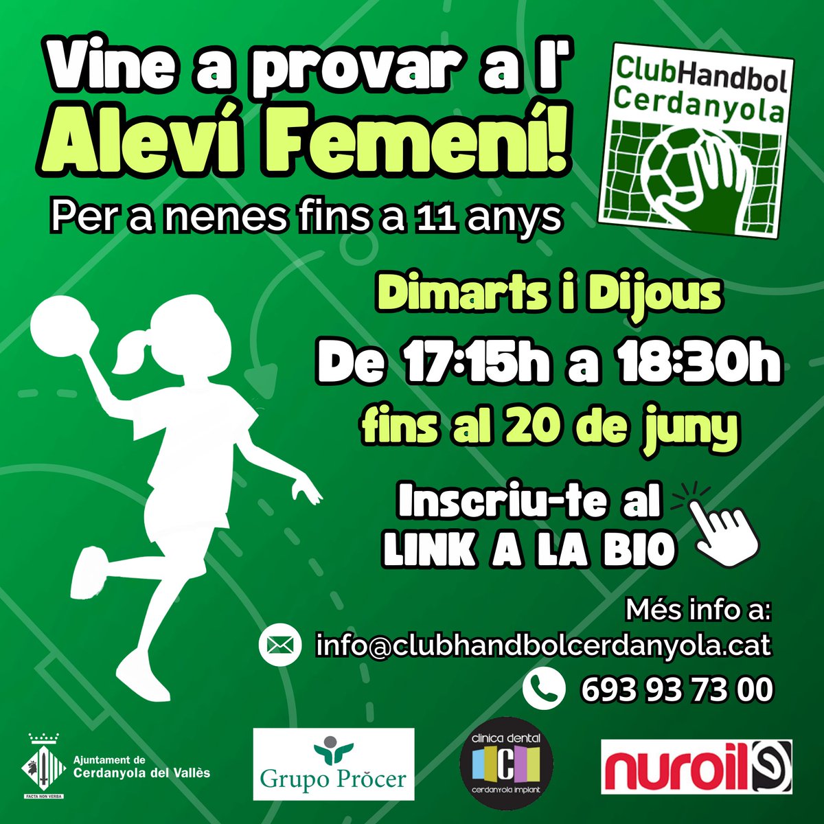 💥 Vine a provar a l'ALEVÍ FEMENÍ!!

🤾‍♀️ Per a nenes fins a 11 anys!
📆 Tots els dimarts i dijous fins al 20 de juny
🕔 De 17:15h a 18:30h
📍 PEM Guiera

✍️ Pots inscriure't a l'enllaç que trobaràs a la Biografia del nostre Instagram!

💚 T'hi esperem!