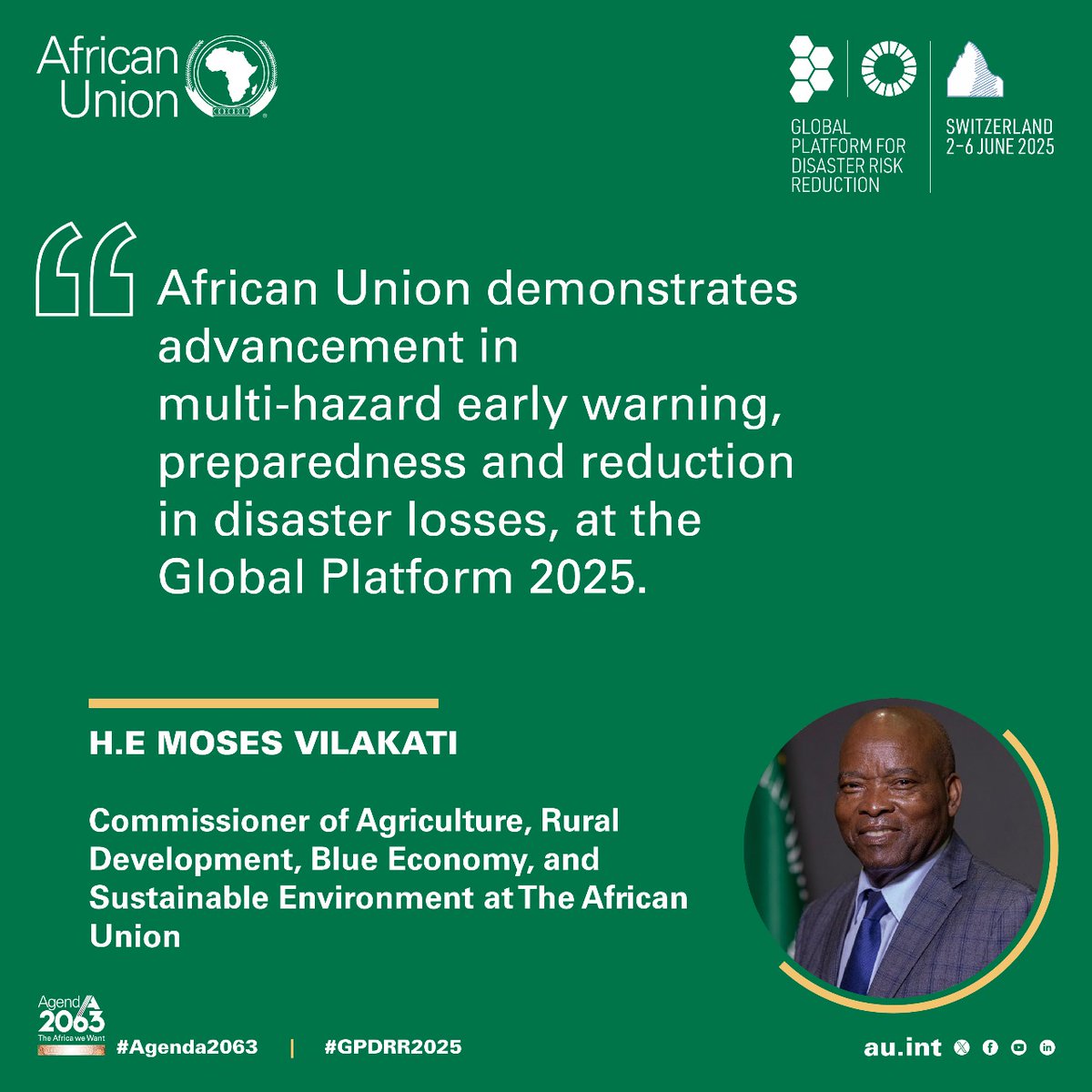 "The African Union demonstrates advancement in multi-hazard early warning, preparedness and reduction in disaster losses , at the Global Platform 2025."
- H.E. <a href="/MosesVilakati/">H.E Moses Vilakati</a> , AUC Commissioner for Agriculture, Rural Development , Blue Economy and Sustainable Environment