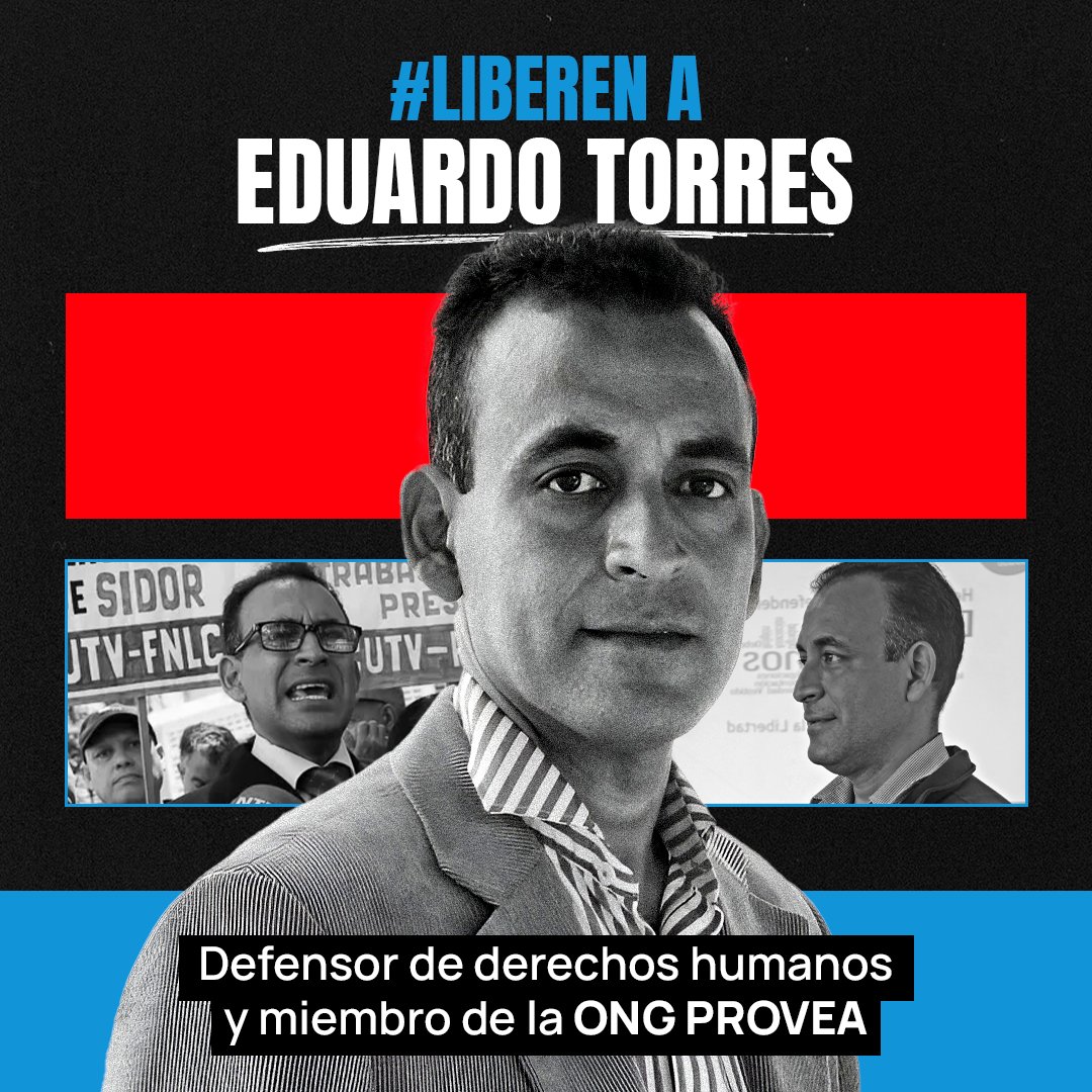 Nuestro compañero Eduardo Torres cumple hoy 26 días sin que sus familiares puedan verificar su estado de salud, 26 días sin un abogado de su confianza.

Exigimos su liberación y que el Estado venezolano detenga la criminalización de personas y organizaciones defensoras de