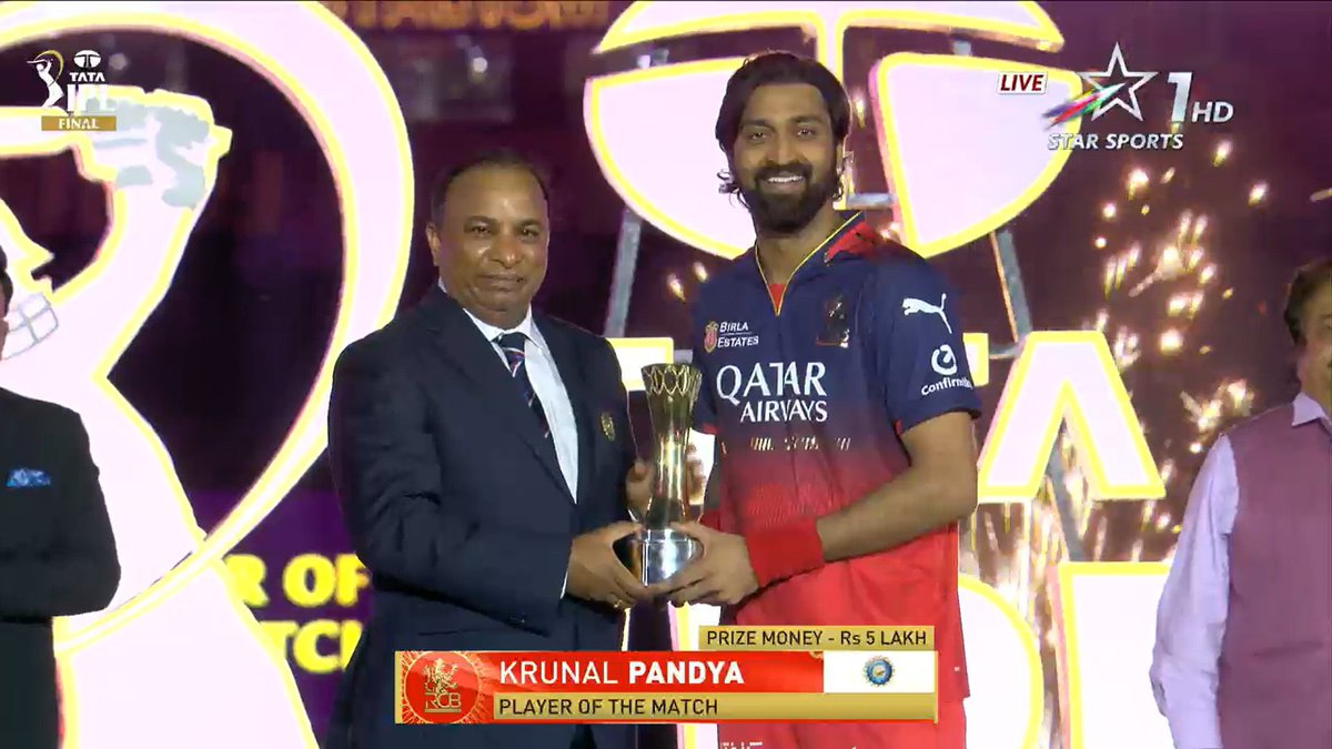 POTM AWARD IN THE IPL FINAL. 🏆

KRUNAL PANDYA - YOUR SPELL WILL BE REMEMBERED FOREVER.

#IPLFinals #RCBvPBKS #krunalpandya