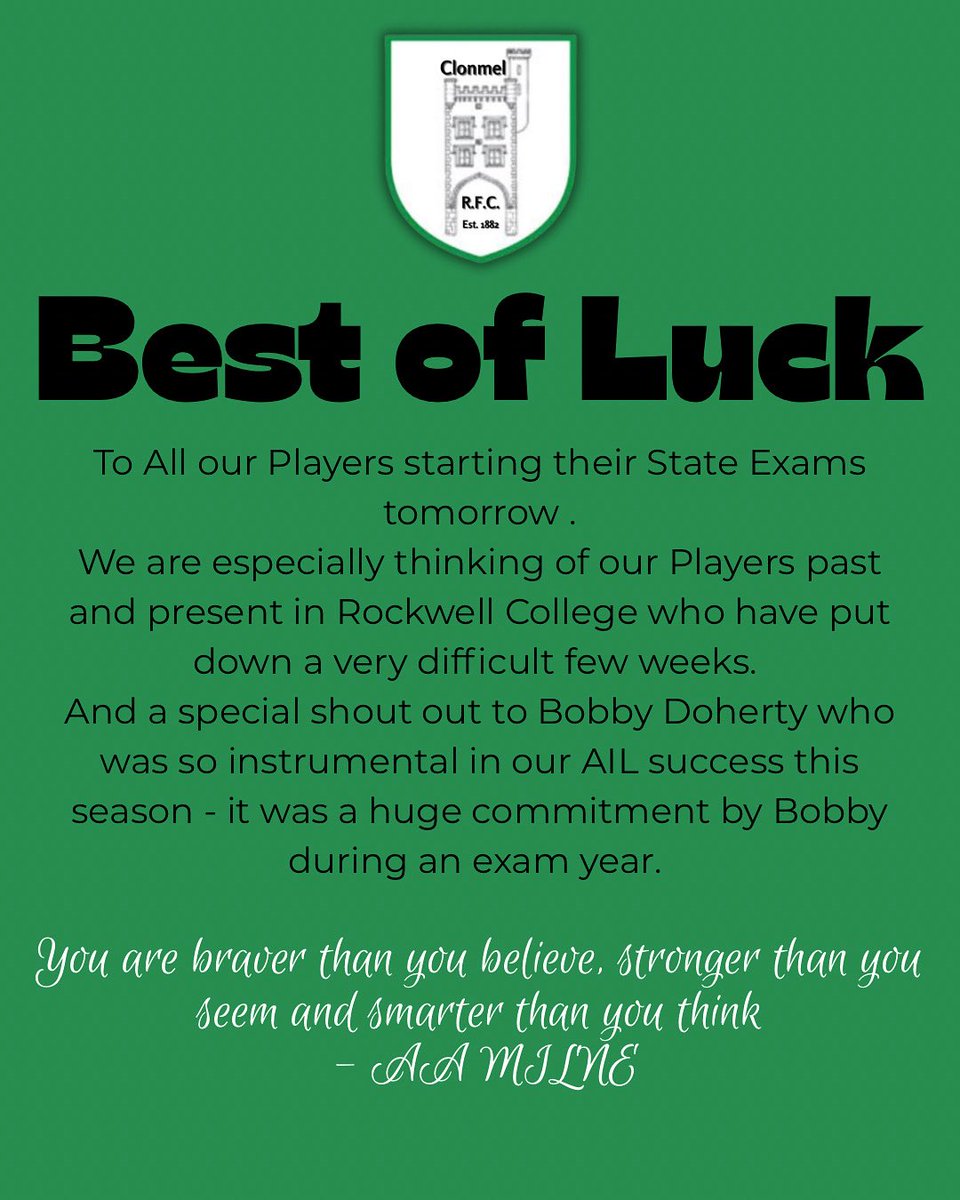 The Very Best of Luck to All. #clonmelrfc #stateexams