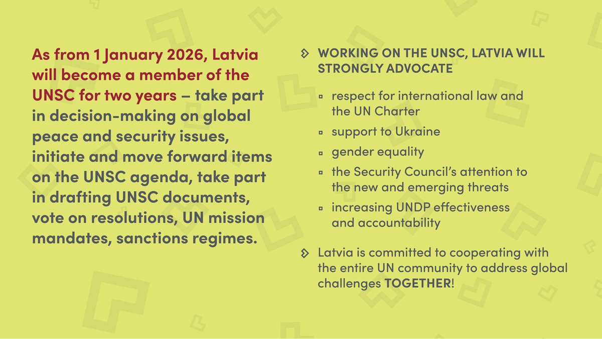 Latvian_MFA's tweet photo. Today, on 3 June 2025, Latvia 🇱🇻 has been elected for the first time to the #UNSC 🇺🇳 for the two-year term of 2026-2027. Let us tell you what follows! ⤵️

#LatviaUNSC #TogetherForPeaceAndResilience https://t.co/VwaAKv0AAv