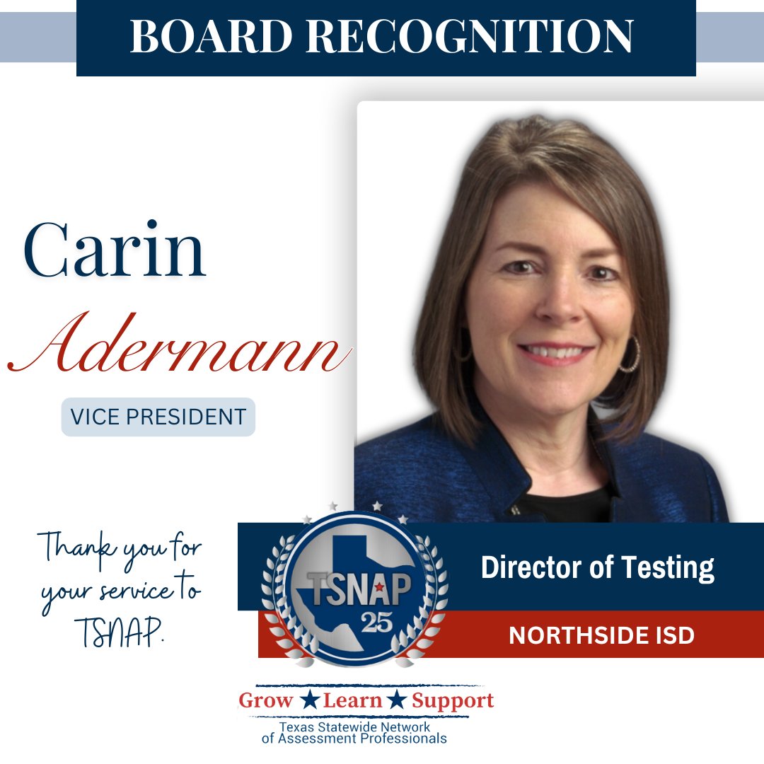 Today, we acknowledge the hard work and dedication of Carin Adermann, serving as Vice President for the TSNAP Board of Directors. Thank you for all that you do for our TSNAP members. #growlearnsupport <a href="/NISD/">Northside ISD</a>