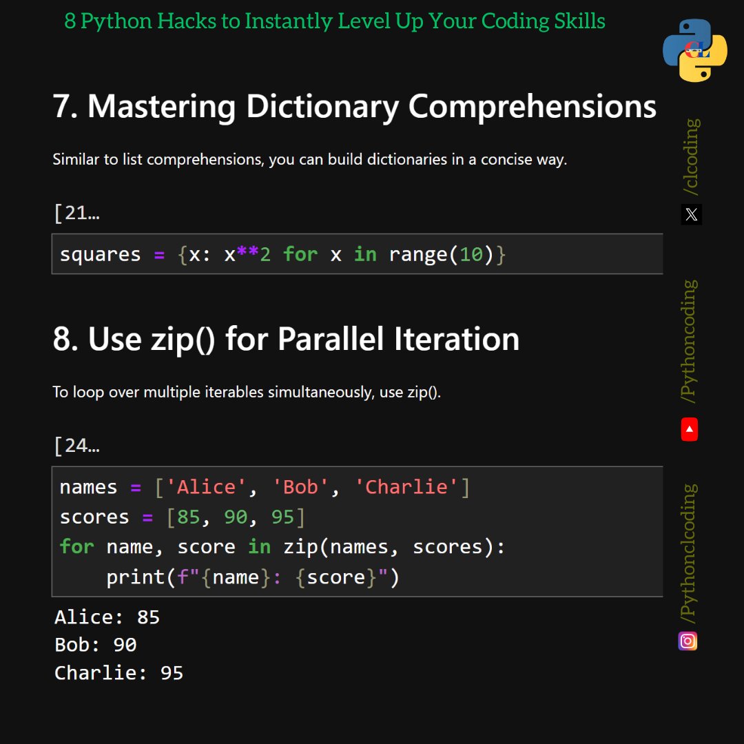 clcoding's tweet image. 8 Python Hacks to Instantly Level Up Your Coding Skills