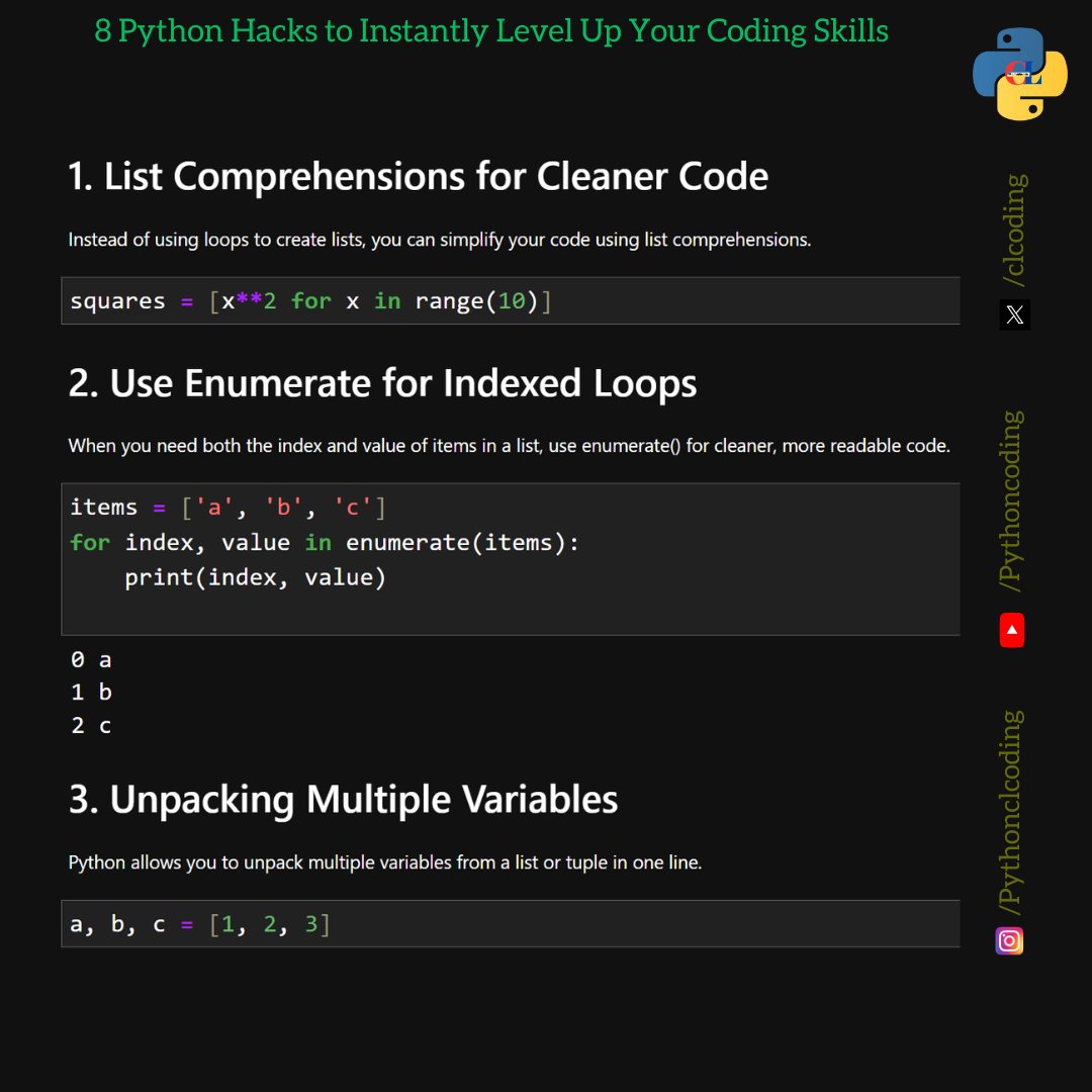 clcoding's tweet image. 8 Python Hacks to Instantly Level Up Your Coding Skills