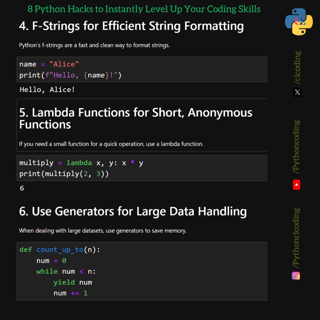 clcoding's tweet image. 8 Python Hacks to Instantly Level Up Your Coding Skills
