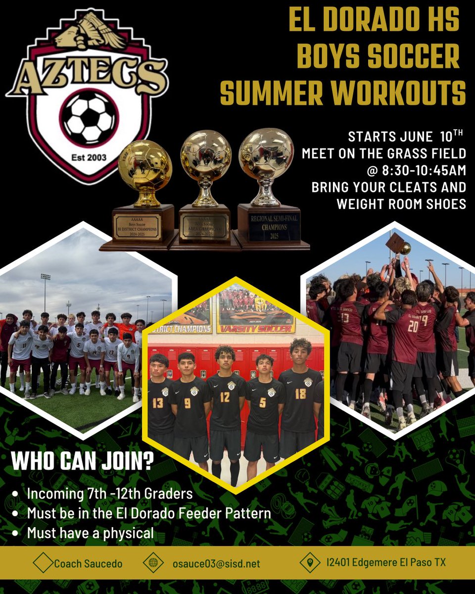 El Dorado Mens Soccer Program (@eldo_bsoccer) on Twitter photo Come out and get some work in this summer!!! Joins us for conditioning, skill work and weight room. Free School Lunch will be available after training!! <a href="/EDAztecs_HS/">Venessa Betancourt</a> #FuerzaAzteca Come out and get some work in this summer!!! Joins us for conditioning, skill work and weight room. Free School Lunch will be available after training!! <a href="/EDAztecs_HS/">Venessa Betancourt</a> #FuerzaAzteca