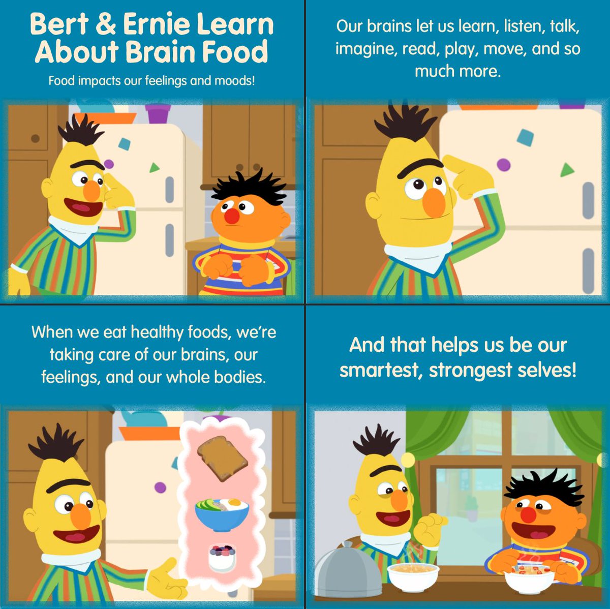 Food impacts our feelings and moods! Follow along as Bert and Ernie teach children that when we eat healthy food, we’re taking care of our brains and bodies. m.sesame.org/brainfoodfb #aakcares #allaboutkids