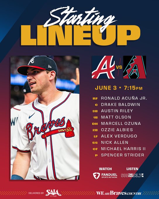 Acuña Jr., Baldwin, Riley, Olson, Ozuna, Albies, Verdugo, Allen, Harris II. Strider on the mound.