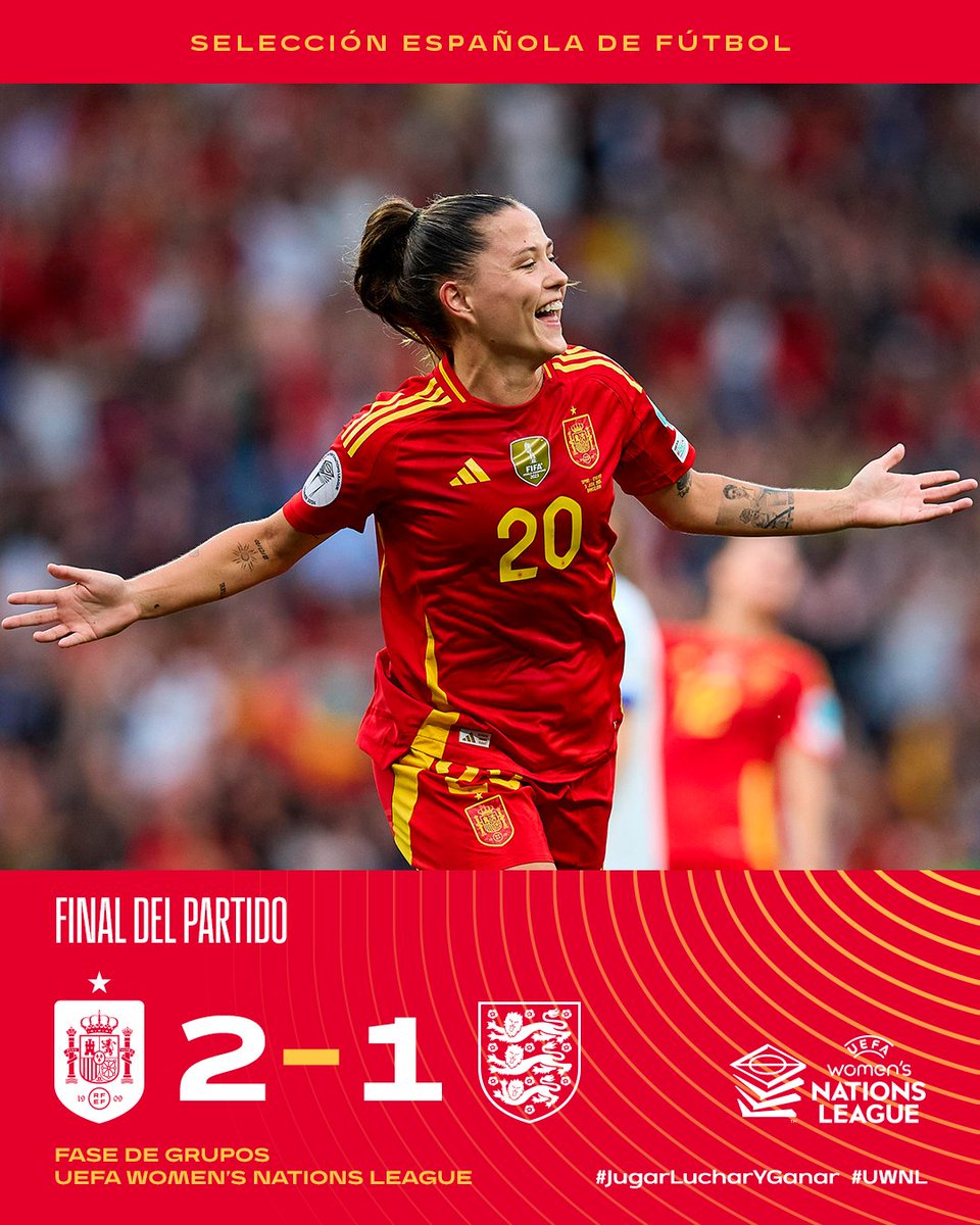 🏁 ¡𝗦𝗘 𝗔𝗖𝗔𝗕𝗔 𝗘𝗟 𝗣𝗔𝗥𝗧𝗜𝗗𝗢𝗢𝗢!

¡¡¡España remonta contra Inglaterra y se clasifica para la FASE FINAL de la #UWNL!!!

🇪🇸 2-1 🏴󠁧󠁢󠁥󠁮󠁧󠁿 | Final.

📺 <a href="/La1_tve/">La 1</a>

#JugarLucharYGanar