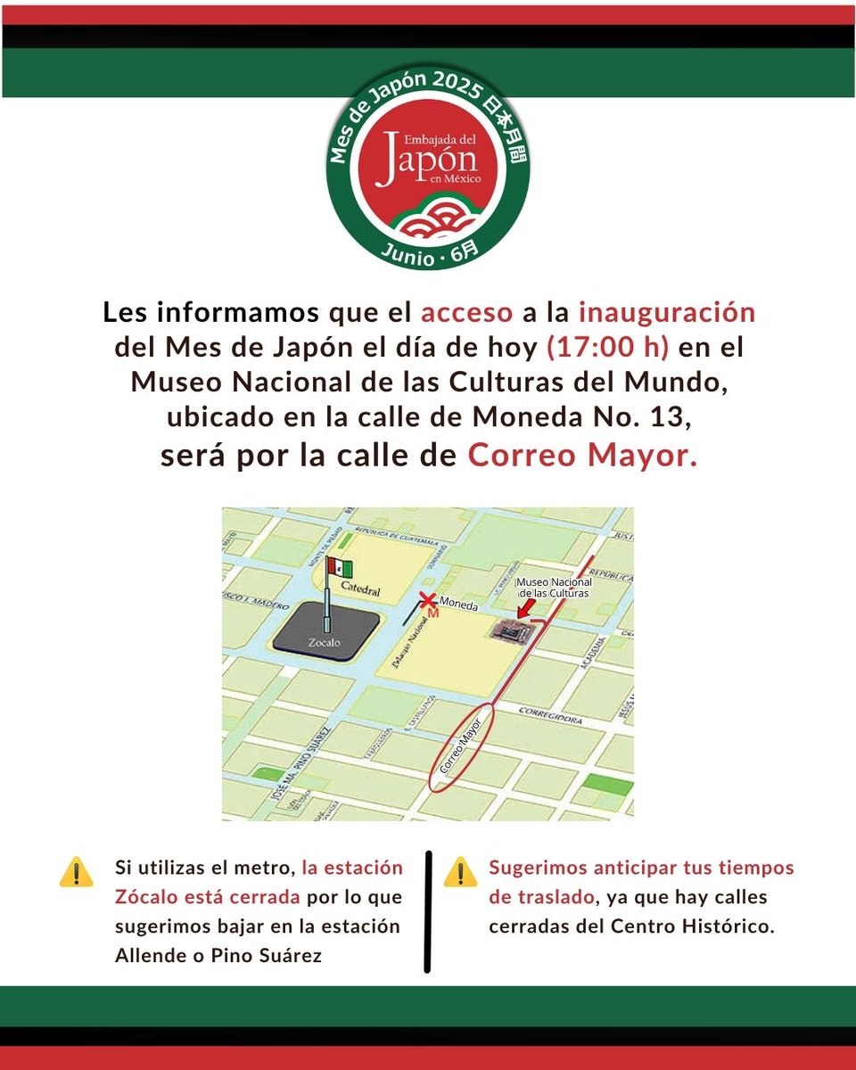 JapanEmb_Mexico's tweet photo. ⚠️Estimados Invitados: Favor de tener en cuenta la siguiente información para que puedan asistir a la inauguración del Mes de Japón en el @MuseoCulturas el día de hoy.
Lamentamos estos contratiempos, agradecemos su comprensión y los esperamos 🙇‍♀️ https://t.co/mQc0Rx2TRr