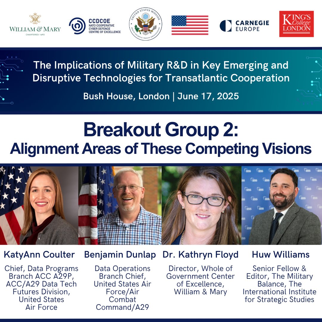 W&M Whole of Government Center of Excellence (@wmwgc) on Twitter photo We are excited to announce the 2nd breakout group, "Alignment Areas of These Competing Visions", for the London Workshop on June 17.
Panelists include: KatyAnn Coulter, Benjamin Dunlap, <a href="/khfloyd/">Kay Floyd</a> and Huw Williams.
<a href="/usairforce/">U.S. Air Force</a> <a href="/wmwgc/">W&M Whole of Government Center of Excellence</a> <a href="/IISS_org/">IISS News</a> We are excited to announce the 2nd breakout group, "Alignment Areas of These Competing Visions", for the London Workshop on June 17.
Panelists include: KatyAnn Coulter, Benjamin Dunlap, <a href="/khfloyd/">Kay Floyd</a> and Huw Williams.
<a href="/usairforce/">U.S. Air Force</a> <a href="/wmwgc/">W&M Whole of Government Center of Excellence</a> <a href="/IISS_org/">IISS News</a>