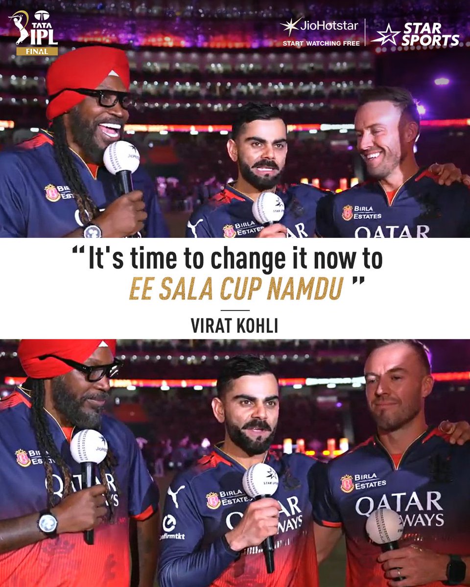 Ee Sala Cup Namde ❌
Ee Sala Cup Namdu ✅

The historic update Bengaluru has been waiting for! 🏆😁

Watch RCB's trophy-lifting moment 👉 hotstar.onelink.me/rL9Z/p6zso7kaL… NOW ➡ hotstar.onelink.me/rL9Z/p6zso7ka

#IPLFinal 👉 Trophy Presentation on Star Sports Network &amp; JioHotstar